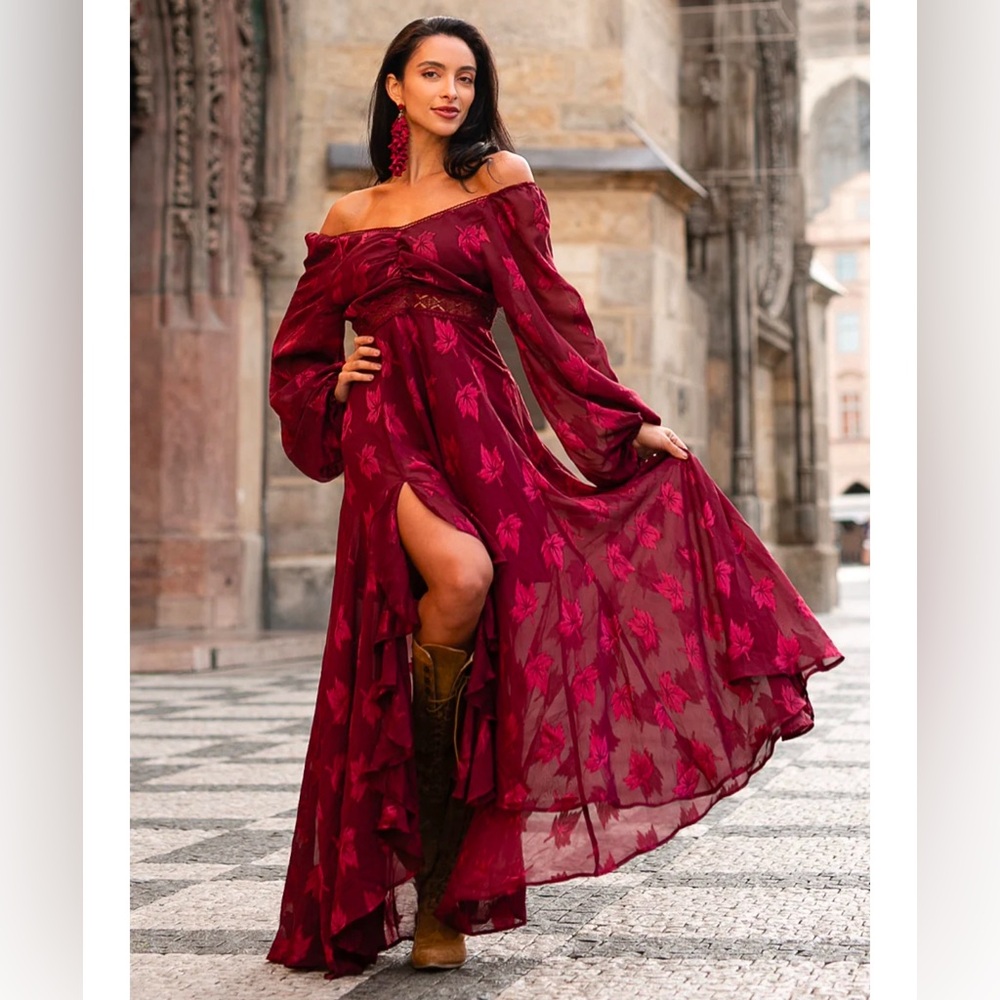 Joyfolie Burgundy Floral Off-Shoulder Maxi Dress